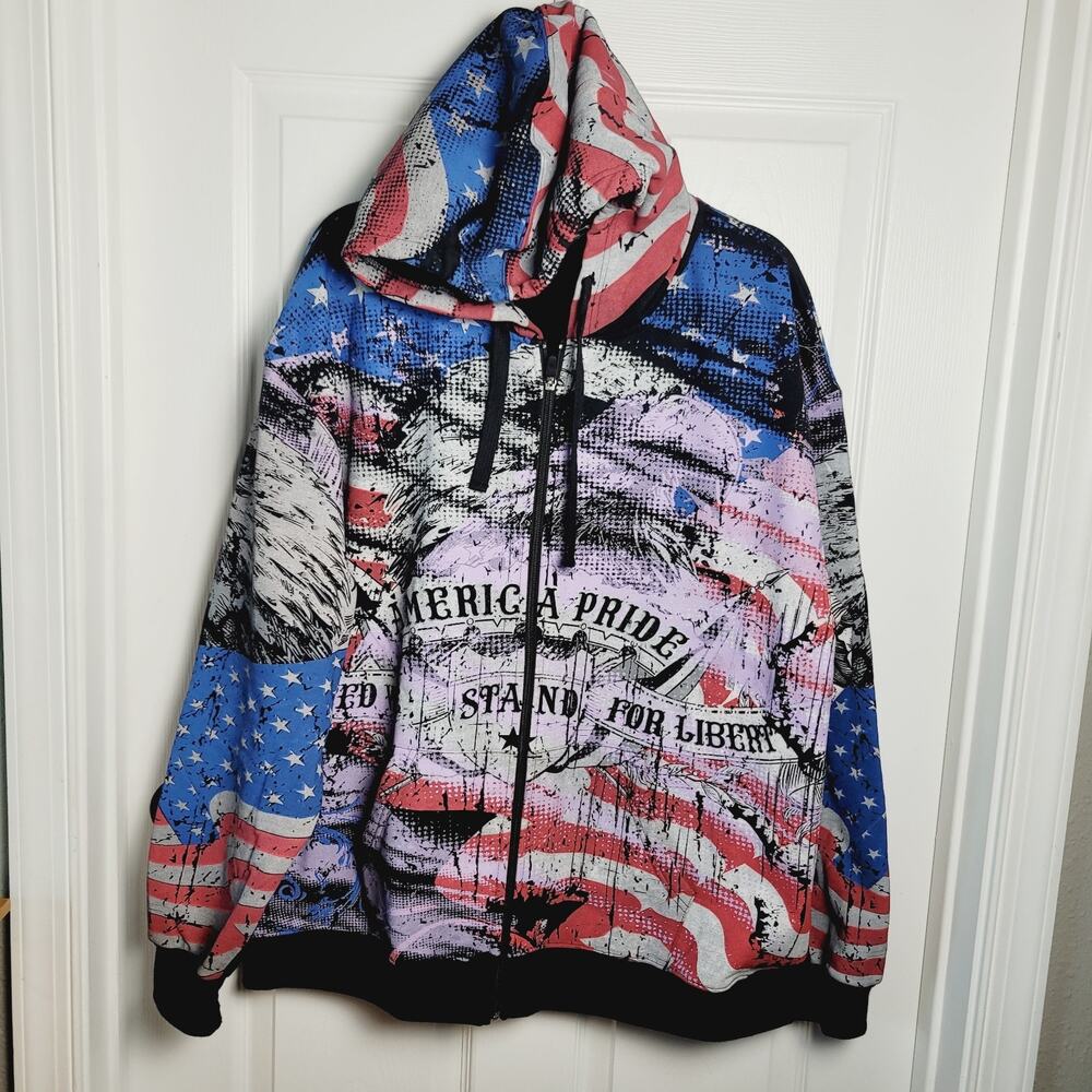 Club Chaos Hoodie 2X Sweatshirt Zip American Pride Flag Eagle Patriotic AOP Y2K
